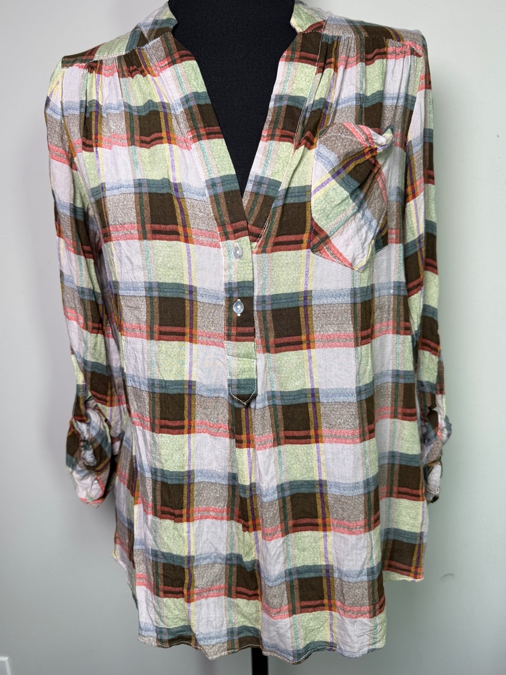 Honey Punch Plaid Popover Blouse Boho Cottagecore Top Sz M